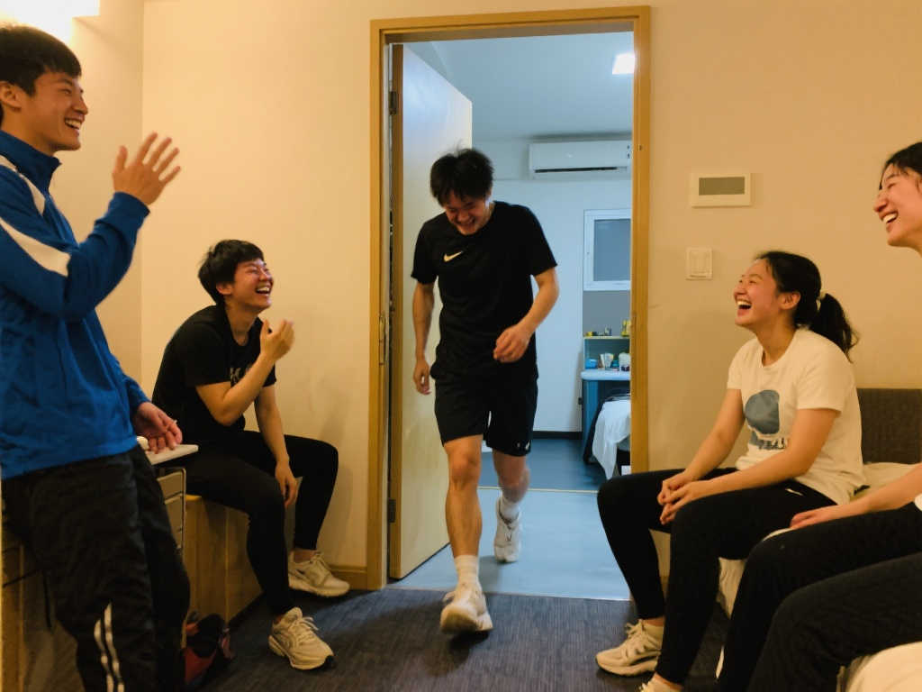 首日特训满载疲惫与激情，公寓小憩后明日再战，教练队友暖心相伴！